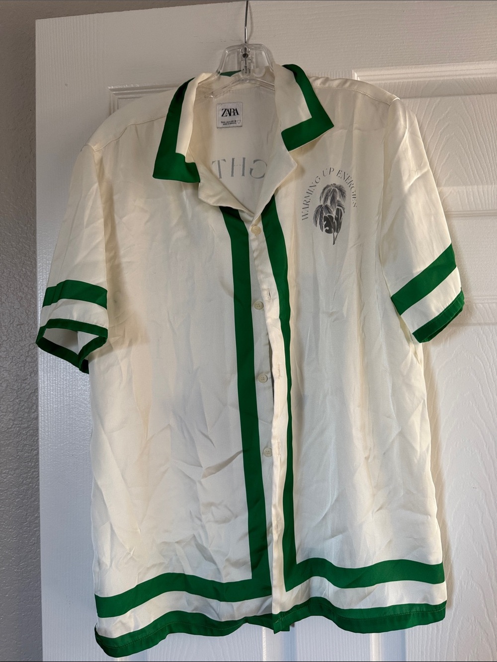 Zara Cream Short-Sleeve Button-Up Shirt with Green Stripes